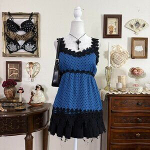 y2k girly grunge twee blue and black polkadot lace babydoll top